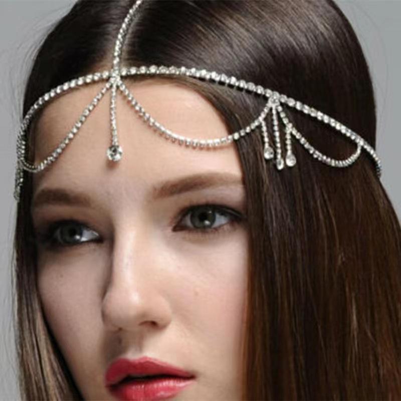 Cross-Border Hot Sale Fashion Elegant Rhinestone Hair Chain Vintage Water Drop Forehead Lace European and American Accessories