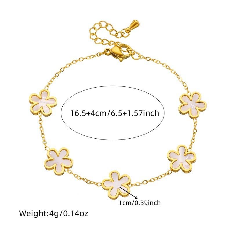 Gold White Flower Charm Bracelet, Dainty Five-Petal Flower Link Bracelet, Elegant Adjustable Jewelry for Women Daily Wear Gift