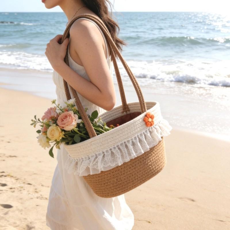 Basket Handbag Woven Bag Picnic Straw Lace Beach Seaside Shoulder 40x25