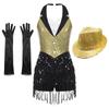 Womens Jazz Dance Outfit Halter Neck Backless Design Sparkly Sequins Fringe Jumpsuit Tassel Leotard
