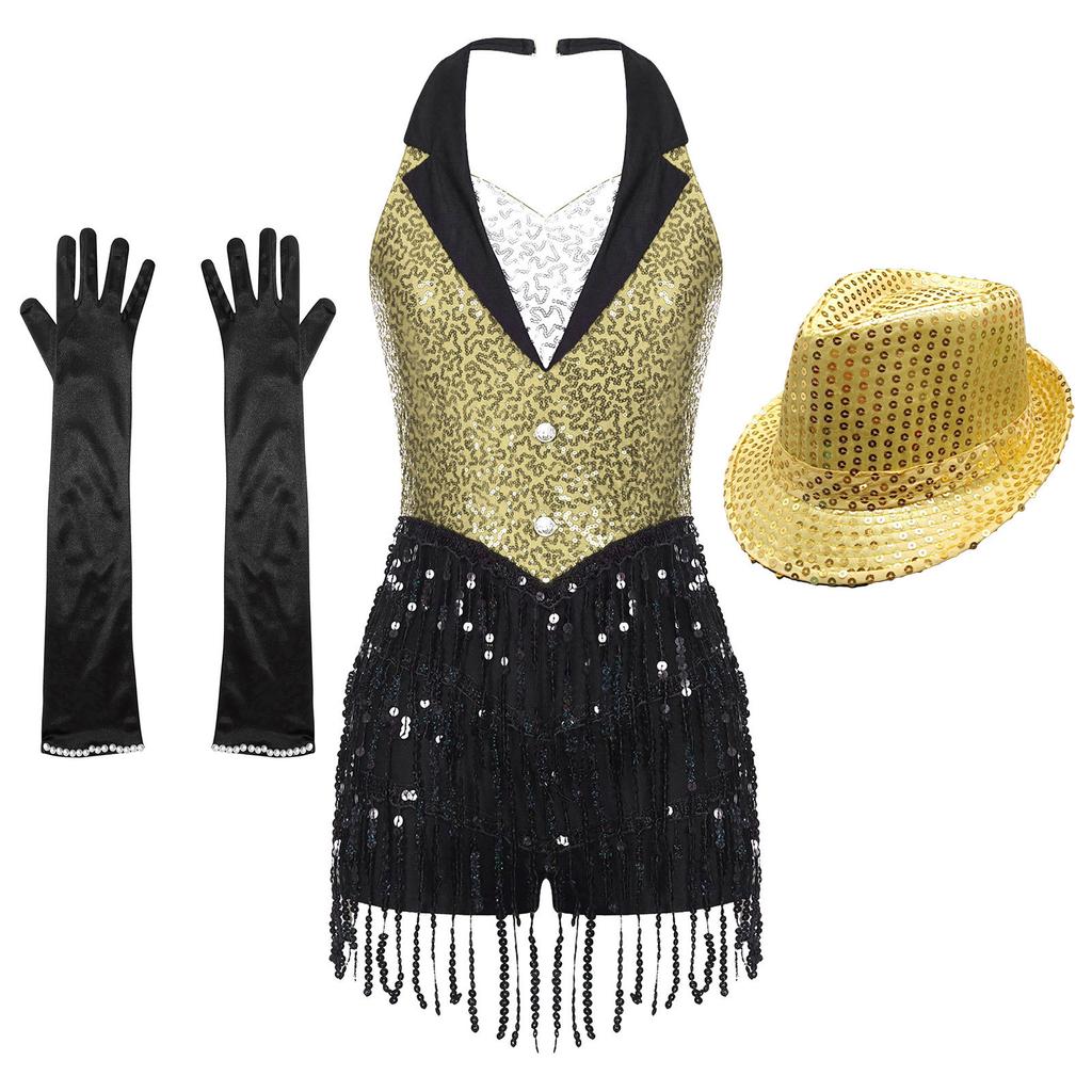 Womens Jazz Dance Outfit Halter Neck Backless Design Sparkly Sequins Fringe Jumpsuit Tassel Leotard