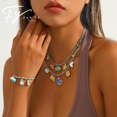 DIY Strandstijl Kleurrijke Touw Ketting & Armband Set met Oceaan Serie Roestvrij Staal Hanger