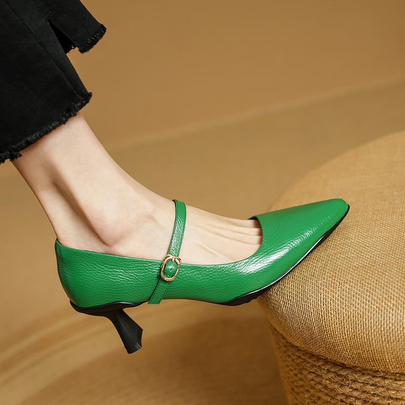Fashion 2025 NEW Spring Women Pumps Pointed Toe Genuine Leather Shoes for Women Shallow Buckle Strap Mary Janes Modern High Heels Ladies
