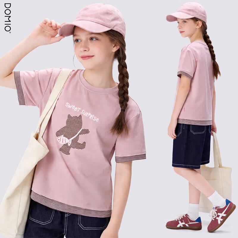 Duomiaowu Girls Summer Faux Two-Piece Short Sleeve T-Shirt 170 (165-170cm)