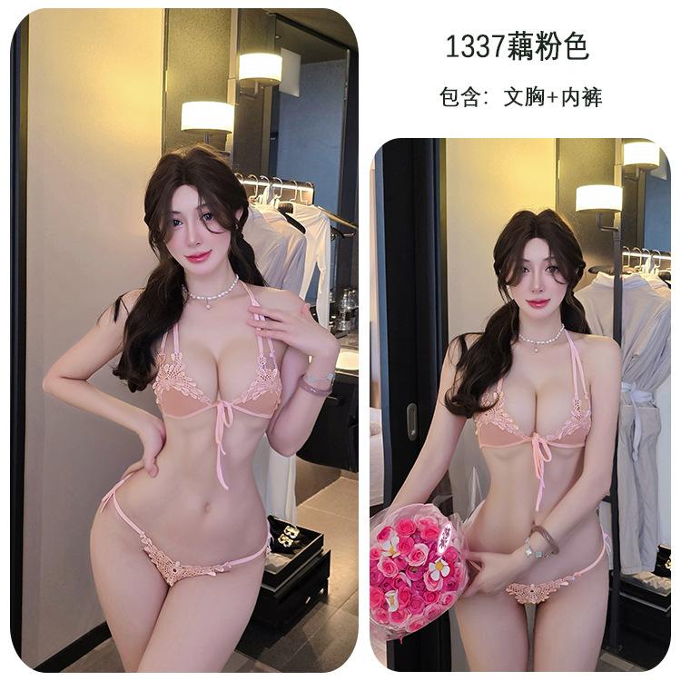 Sex underwear women's sexy perspective water-soluble lace strap three-point temptation nightdress set