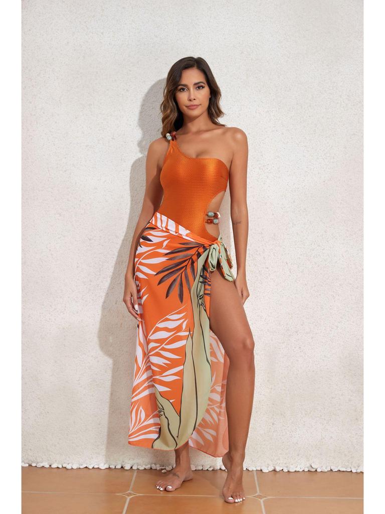 2025 Women's Beaded One-Shoulder Slimming Swimsuit: Tummy-Covering Bikini & Sun Protection Gauze Skirt