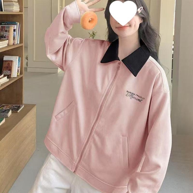 Women's Pink Patchwork Turn-Down Collar Jacket - Retro American Baseball Uniform Style for Spring & Autumn