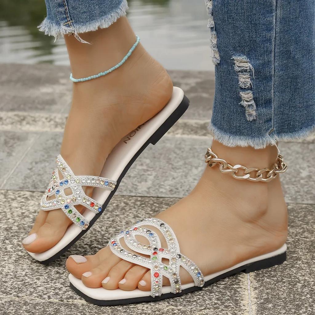 Crystal Rome Women Slippers Fashion Summer Bling Flat Shoes Women Comfort Outdoor Casual Sandals Party Slippers Slides Women