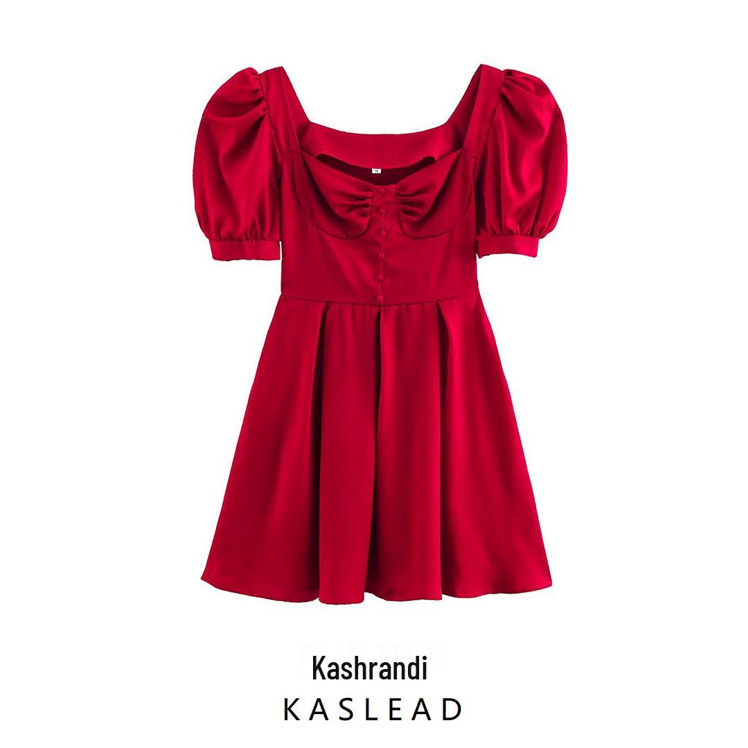 

2025 Spring Women s European & American Satin Bubble Sleeve Square Neck Dress Large червоний