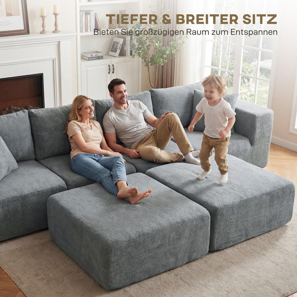 Modulares Ecksofa, U-förmiges Sofa mit breiter und tiefer Sitzfläche, 2 Hocker, Dunkelgrau