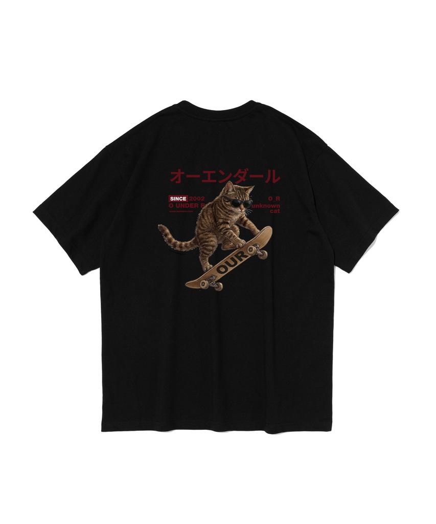 OUNDERR Skate Cat Graphic Short Sleeve T-Shirt (Black)