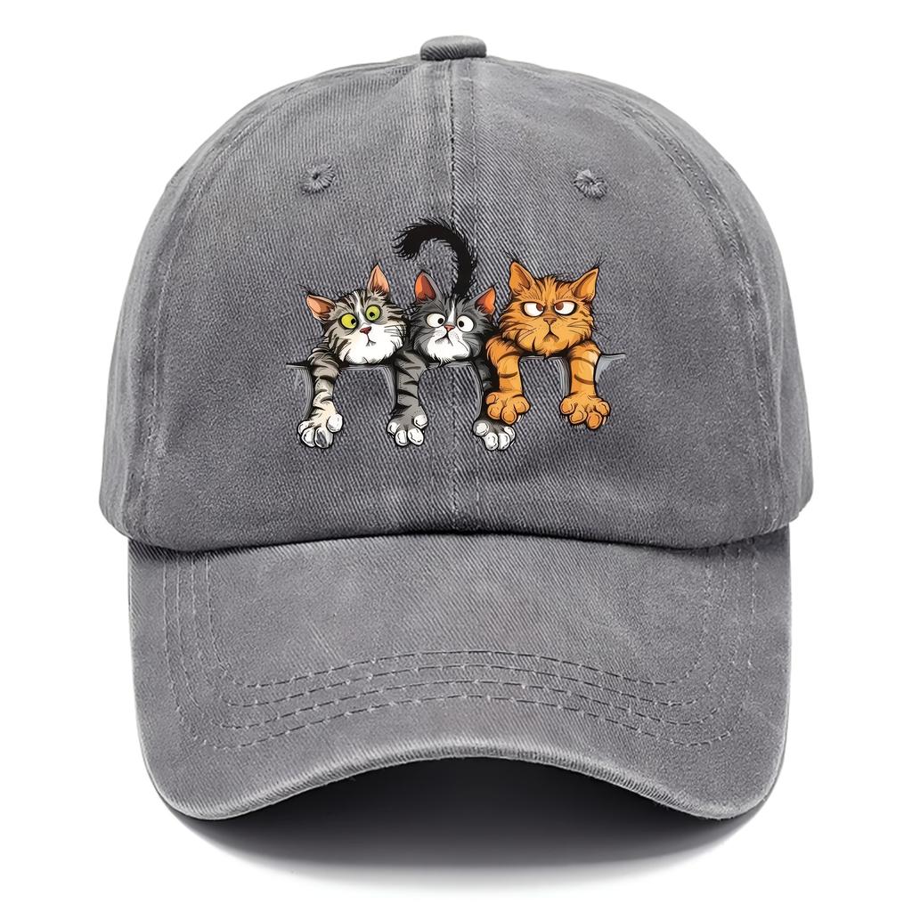 For One Piece of a Hat Featuring Three Cats a CartoonPrinted Street Cap a Washed Baseball Cap an Adjustable Style Hat