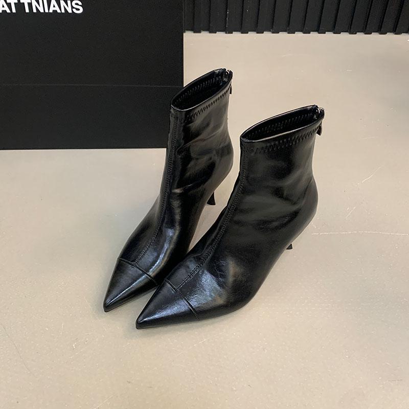 Mode Mode Elastische Damen Knöchel Stretch Stiefel mit Absätzen Schuhe Damen Spitzschuh Damen Moderne Kurze Stiefel Reißverschlüsse Schuhe