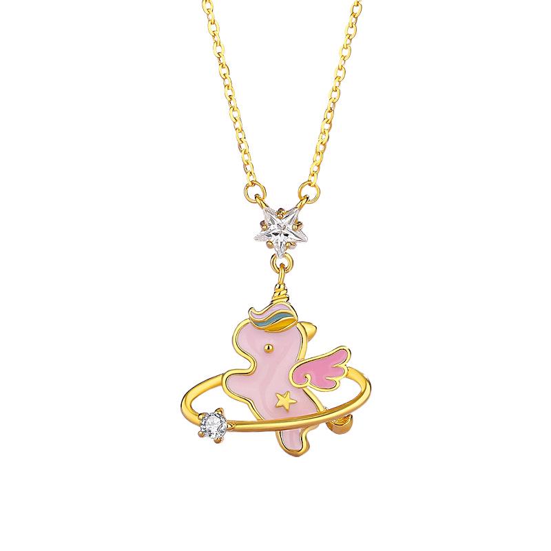 Tichia Original Rainbow Unicorn S925 Sterling Silver Enamel Necklace for Women - Sweet and Exquisite Clavicle Chain.