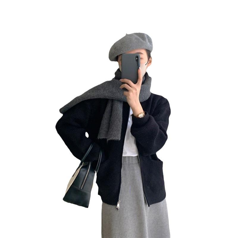 Retro Solid Color Lazy Wind Sense Pit Strip Double Zipper Knitted Cardigan Female Loose Soft Temperament Sweater Coat