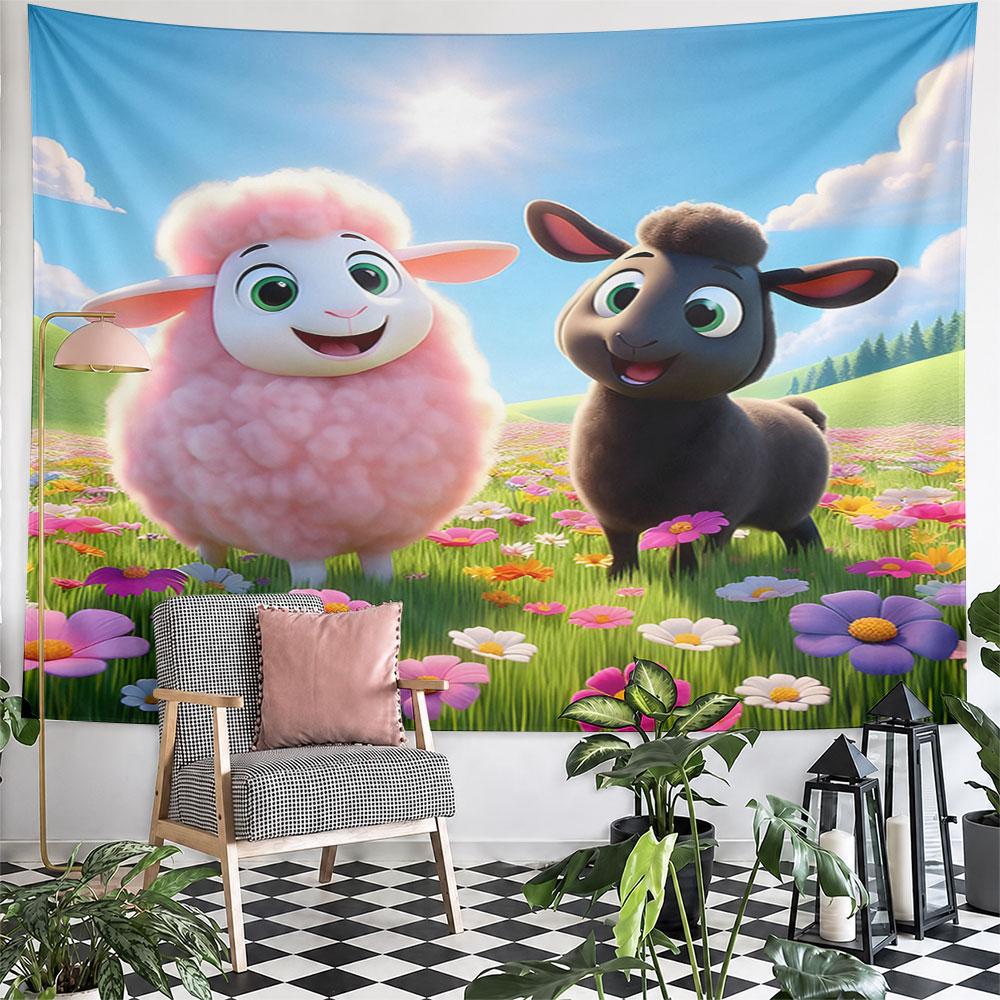 Cute Pink and Black Sheep in Floral Field Pattern Wall Hanging Tapestry Decorative Tapestry Home Decor for Bedroom and Living Room