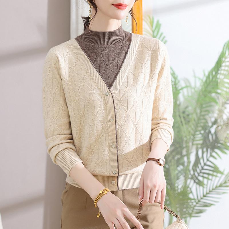 Women's Knit Pullover Sweater: Semi-High Neck, Two-Piece Look, Autumn/Winter Style for Middle-Aged.