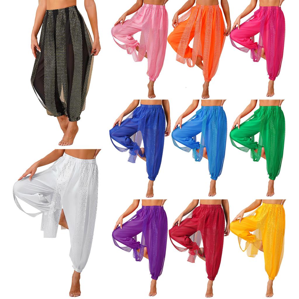 Womens Semi Sheer Chiffon Pants Sequined Dot Design Elastic Waist Belly Dance Performance Trousers