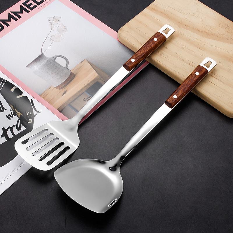 Rosewood Stainless Steel Kitchen Utensil Set: Long-Handled Spatula, Frying Spatula, Thickened Soup Ladle, Slotted Spoon, and Cooking Spoon.