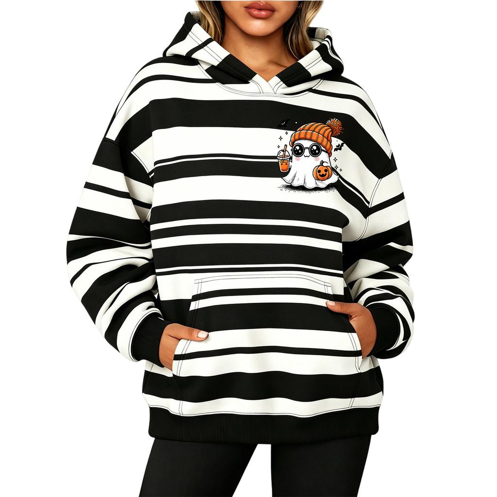 Women's Long Sleeve Striped Print Pullover Hoodie Sweatshirt with Pockets for Halloween