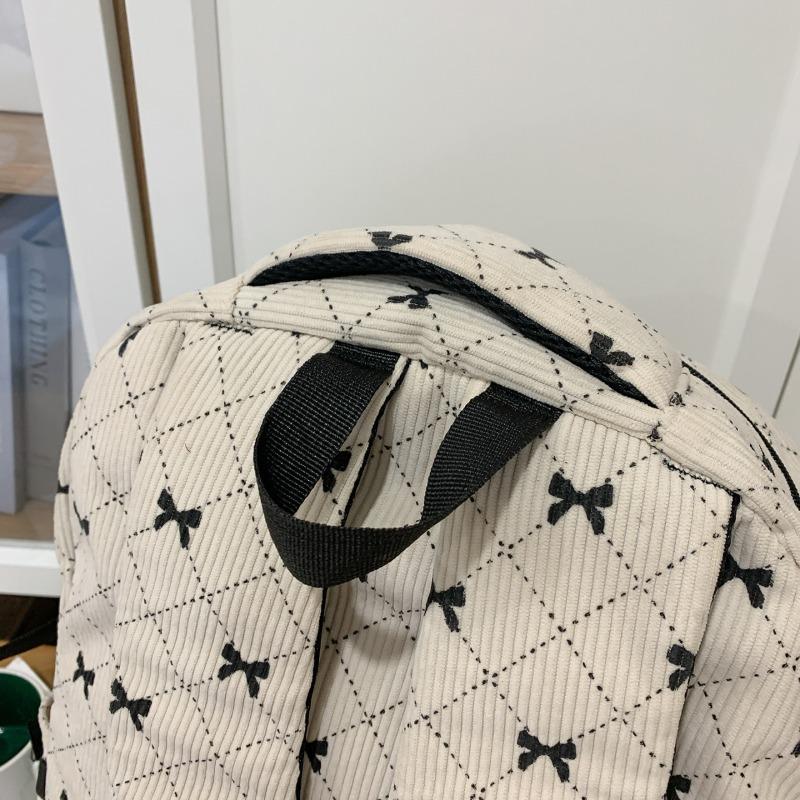 Bow Print Corduroy Backpack Casual Fashion Daily Bag Large Capacity School Bag for Students Minimalist Design Commute Travel with Tassel Accents