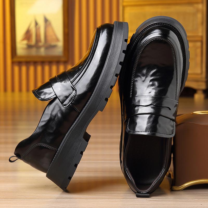 Men Slip-On Loafer Dress Shoes Black Leather Chunky Thick Sole Round Toe Business Casual Non-Slip Walking Office Shoes For Man