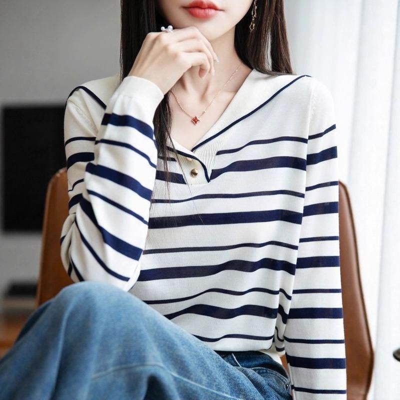 Navy Collar Striped Knitted Sweater Women's Sweater Bottom Shirt Loose Lyocell Lapel Long Sleeve Top Women's