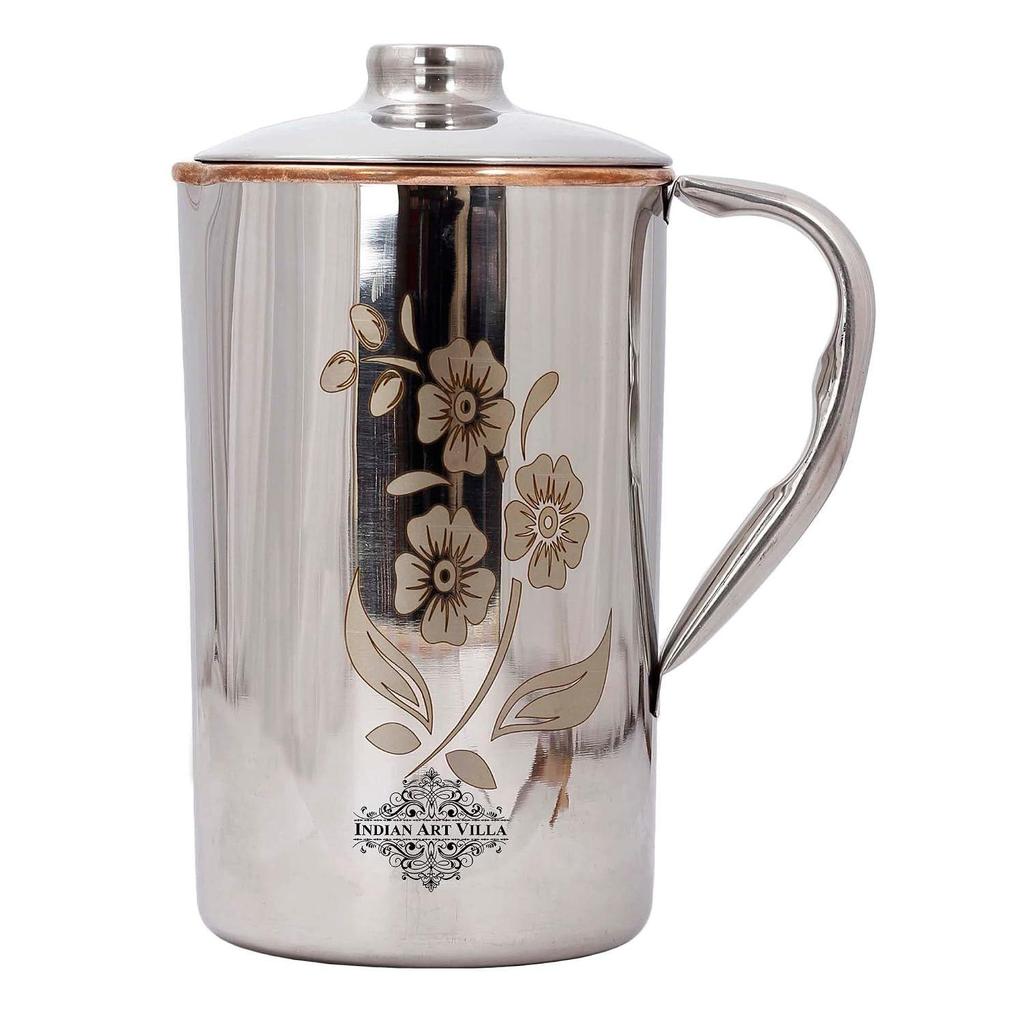 Steel Copper Floral Design Jug Pitcher with Lid, Storage & Serving Water, Beneficial for Health, Volume-1500 ML