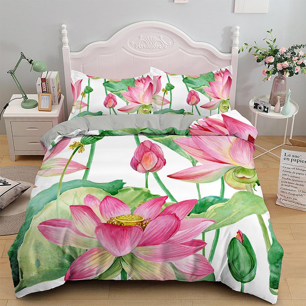 Lotus Duvet Cover Set Pink Flowers And Green Leaves Polyester Comforter Cover King Queen Size For Kids Girls Women Bedding Set