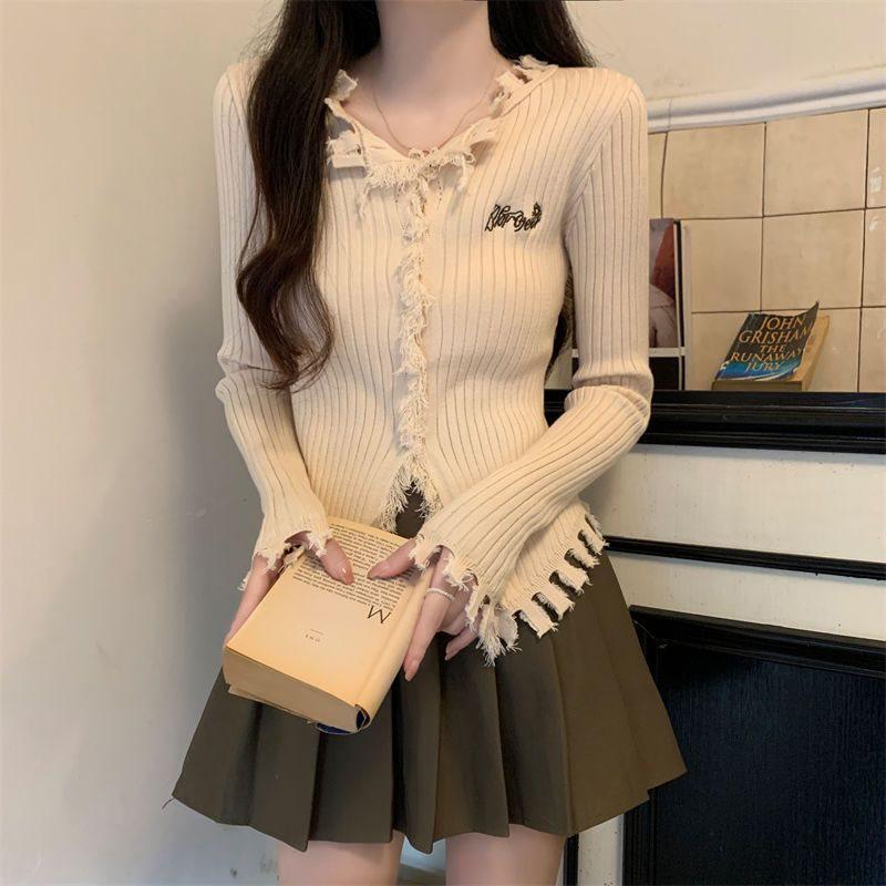 

Шикарный абрикосовый вязаный топ с кисточками для женщин - Стильный осенний маст-хэв S for 80-95 jin