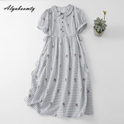 Japanisches Mori Girl Sommer Damen Midi Süßes Kleid Peter Pan Kragen Kariert Floral Print Kleid Mit Taschen Vintage Elegant Feminin Kleid