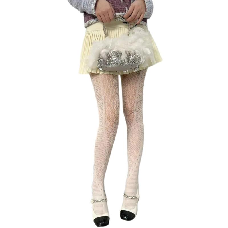 Women Vintage Hollowed Out Fishnet Sheer Pantyhose Aesthetic Irregular Geometric Patterned Spliced Leggings Mesh Tights