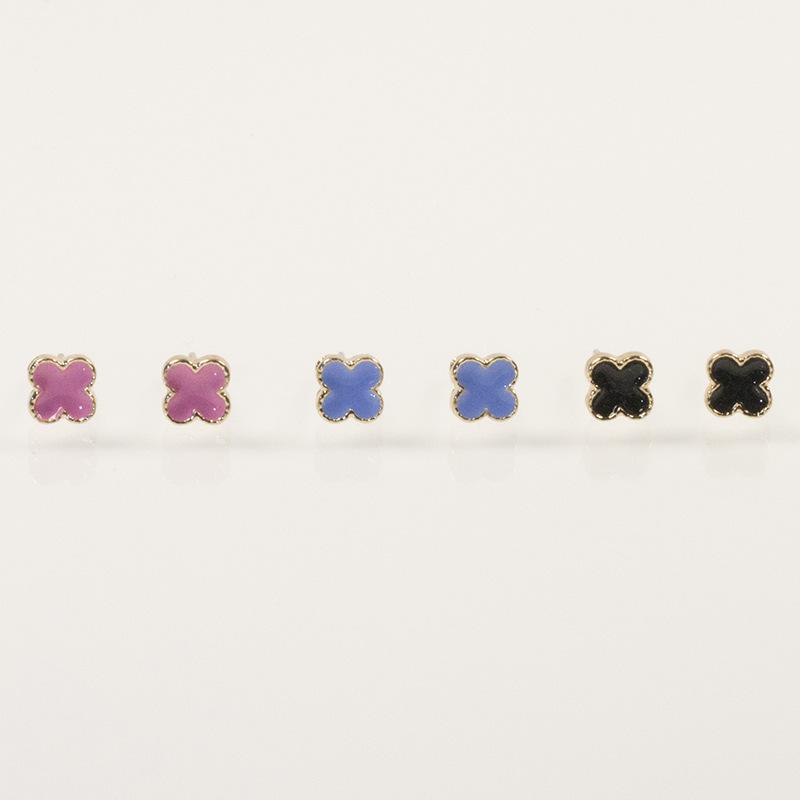 S925 Silver Needle Exquisite Versatile Dripping Oil Four Leaf Clover Combination Set Earrings Women's Personality Fashion Simple Small Earrings