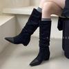 Pointed Boots Women's Inner Height Increase Retro 2025 New Thick Heel Pile Boots But Knee High Knight Boots