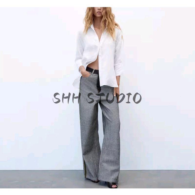 Women's Spring Clothing French Style Design Lapel Asymmetric Hem Linen Blended Shirt 4786126