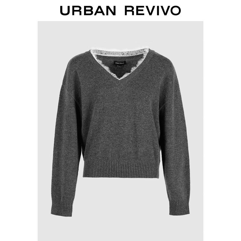 UR Women s Elegant V-Neck Lace Trim Knit Sweater M