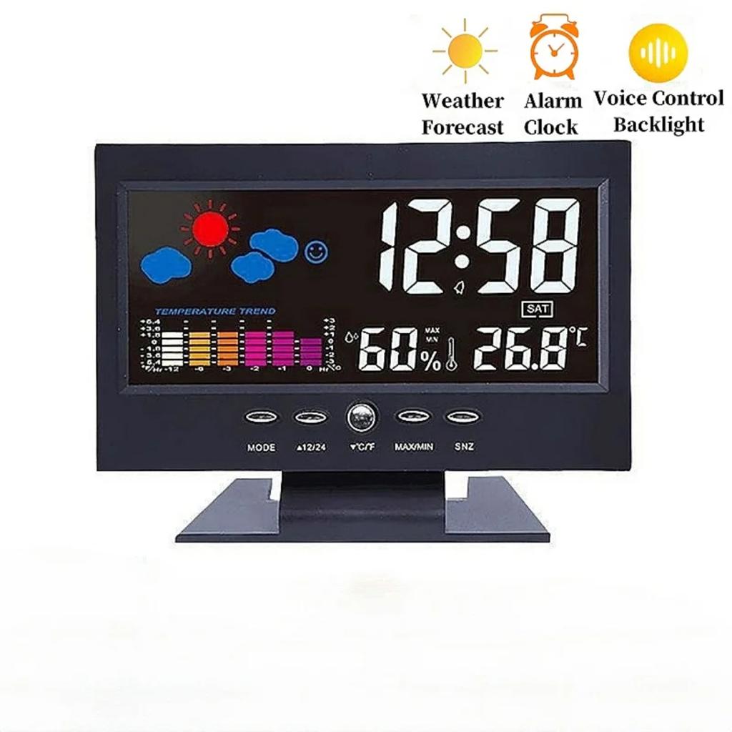 Voice Control Backlight Digital Weather Clock Date Week Temperature Humidity Weather Forecast 12/24H Electronic Clock Mini Clock