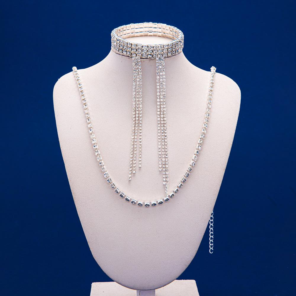 Luxurious European-American Full Diamond Rhinestone Necklace Set - Three-Piece Collection