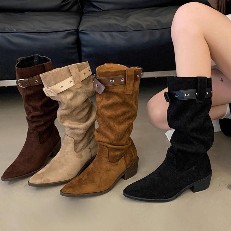 Thick Heel Pointed Head High Pleated Tube Stacking Boots Women's New Autumn and Winter Western Cowboy Medium Tube Knight Boots