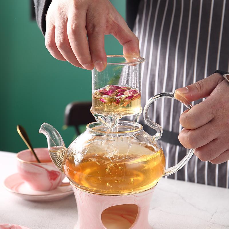 Ceramic Stone Flower Teapot Set Glass Candle Heating Fruit Tea Pot