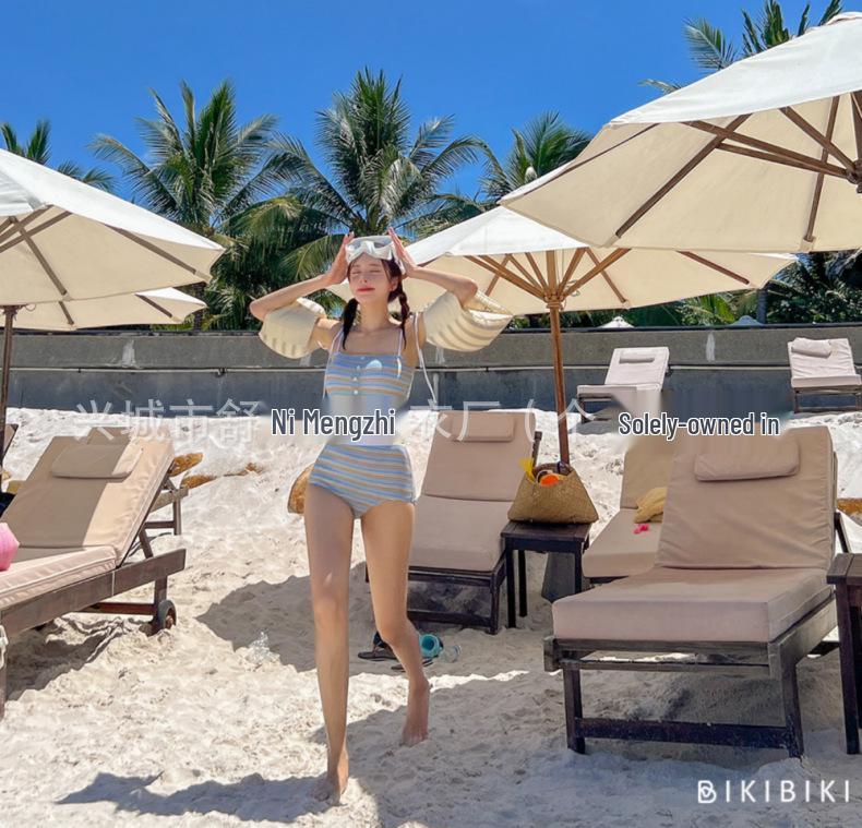 Women's High-End Striped Bikini Set with Cover-Up - Slimming Fit, Small Bust, Korean Conservative Style