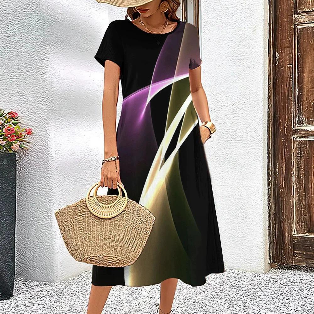 Fashion Striped Pattern Women Mini Dresses Summer Short Sleeve 3D Printed Gradient Street Ladies Dress Loose Dress