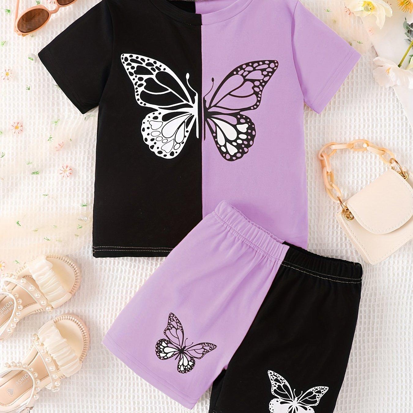 

Color Clash для девочек, комплект из 2 предметов, футболка и шорты, топ с короткими рукавами и принтом мультяшной бабочки, повседневная одежда, детская одежда на лето 150