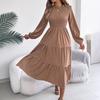Spring Summer Women's Solid Color Long Sleeve Smocked Slim Fit Dress, Casual Fashion Women's Dress for Crossborder Outfit
