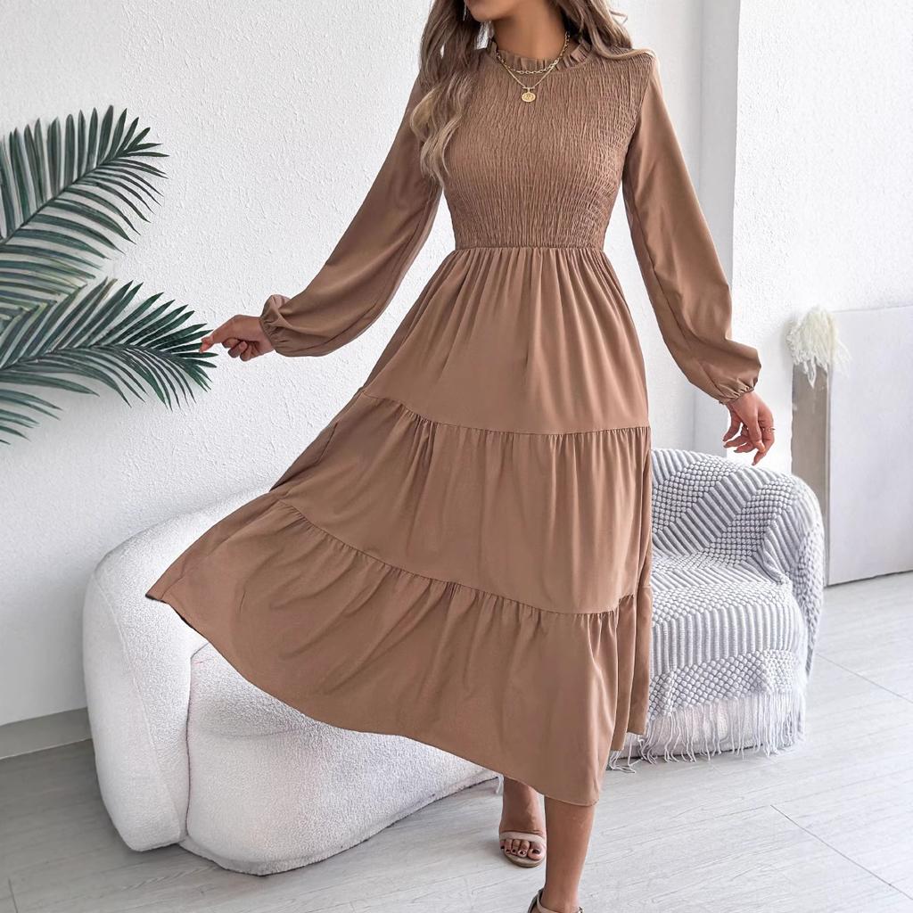 Spring Summer Women's Solid Color Long Sleeve Smocked Slim Fit Dress, Casual Fashion Women's Dress for Crossborder Outfit