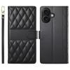 For iPhone 16 Case Rhombus Stitching Wallet Stand Leather Phone Cover with Long/Short Strap