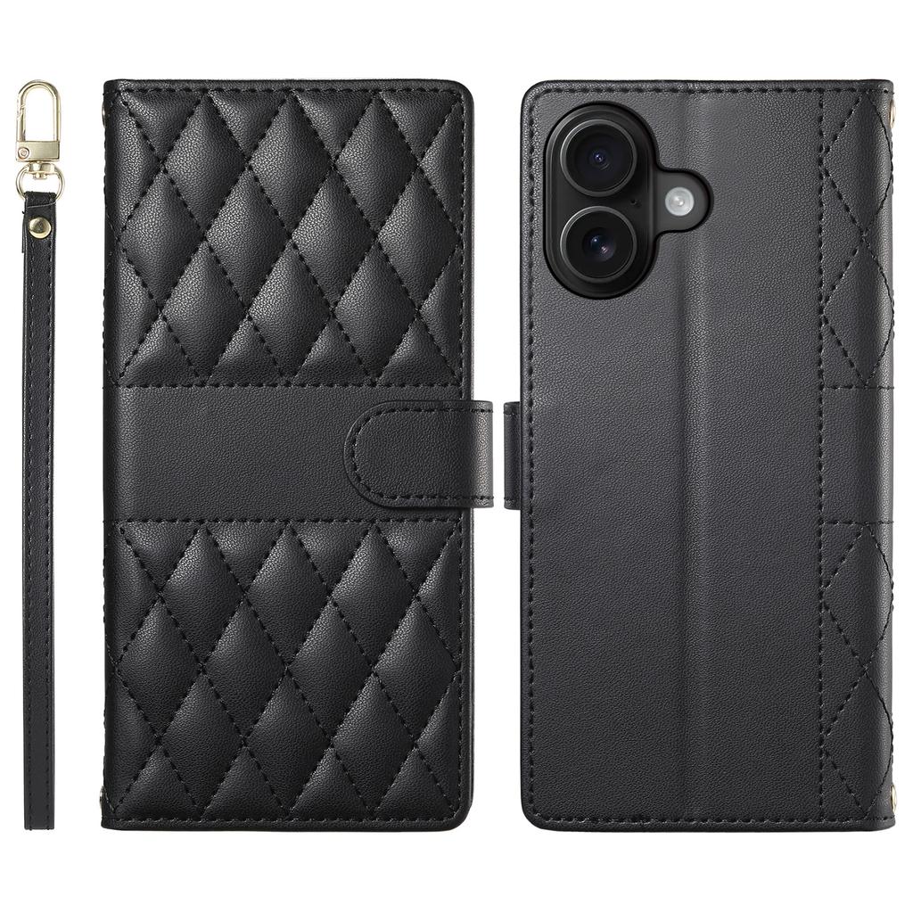 For iPhone 16 Case Rhombus Stitching Wallet Stand Leather Phone Cover with Long/Short Strap