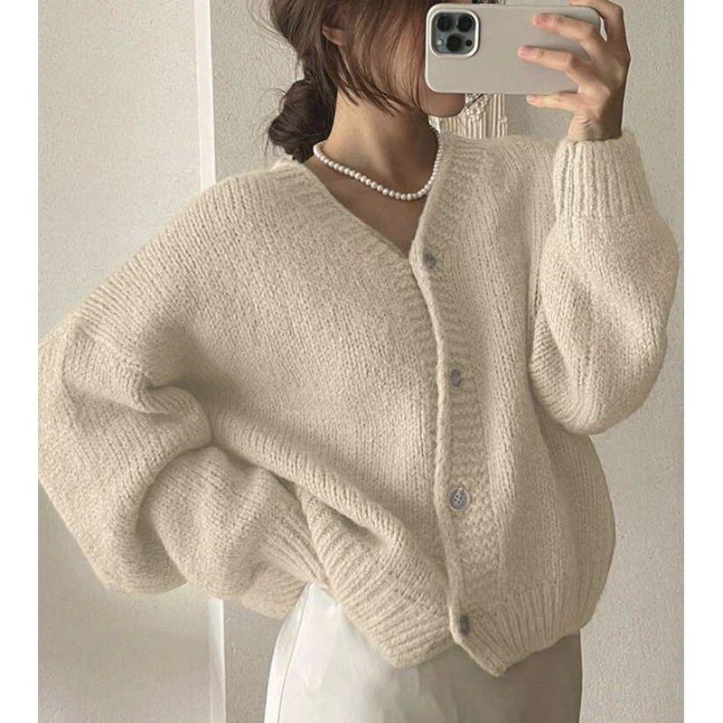 Knitted Cardigan for Women 2025 Autumn and Winter New Style Casual Loose V Neck Lantern Sleeve Knitted Sweater Top Pullover Sweater for Women
