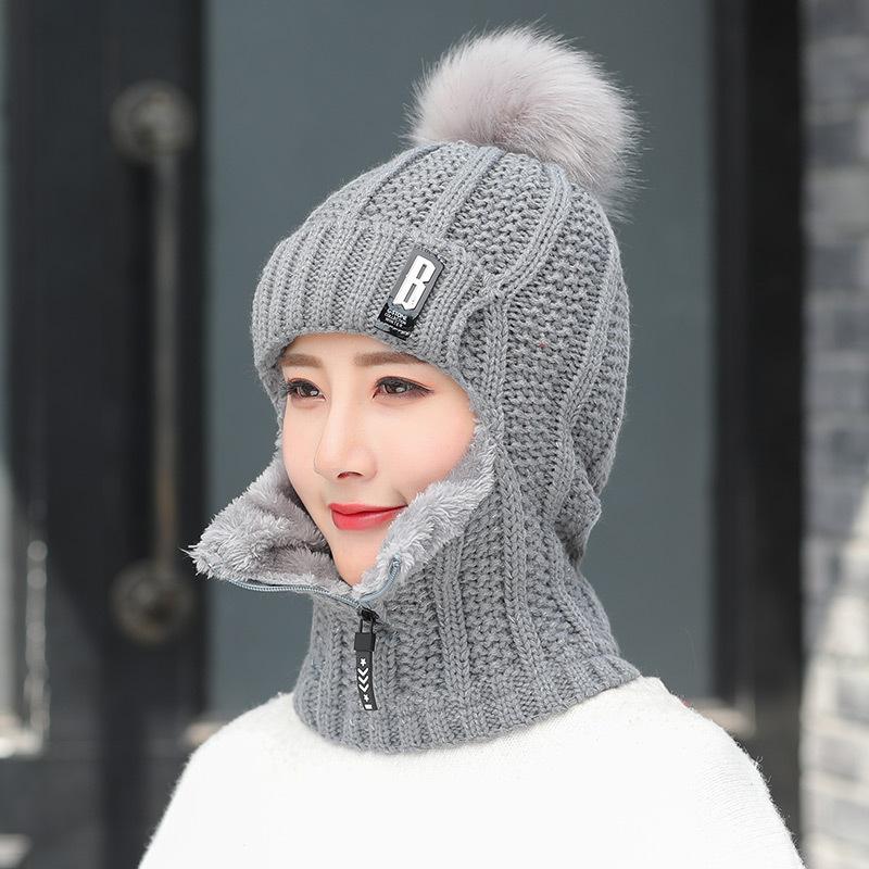 B standard one-piece hat women's winter warm knitted hat, damp velvet cold-proof cycling scarf integrated wool hat