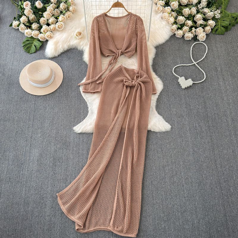 

Swimsuit Bikini Lace-up Waist-Controlled Mesh Beach Cover-up Khaki All yards